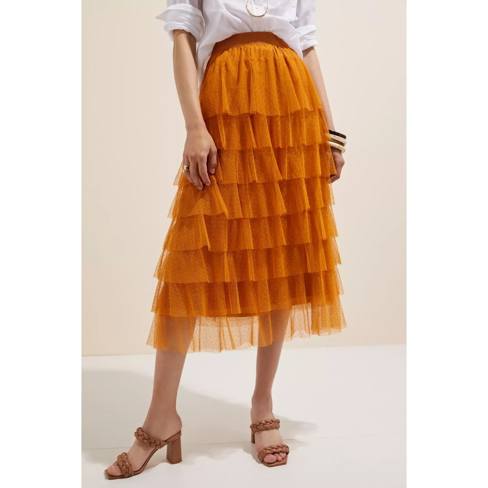 Anthropologie Tiered Tulle Maxi/Midi Skirt Mustard Point D'Esprit Dotted Mesh M - Picture 4 of 6